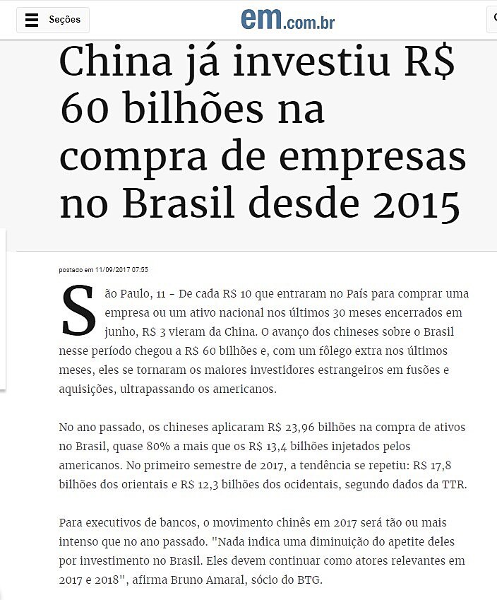 China j investiu R$ 60 bilhes na compra de empresas no Brasil desde 2015